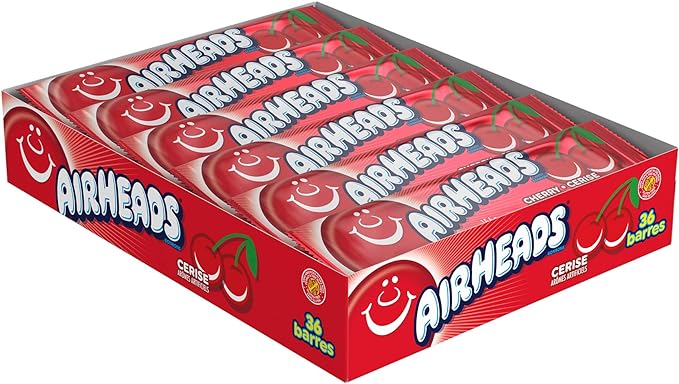 Airheads Candy Bars - Cherry - Pack of 36 Individually Wrapped Full-Size Bars - Non-Melting Chewy Treats