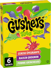 Load image into Gallery viewer, BETTY CROCKER GUSHERS Super Sour Cherry, Grape, and Apple Fruit Flavoured Snacks, Pack of 6 Pouches, Fruit Flavoured Snacks
