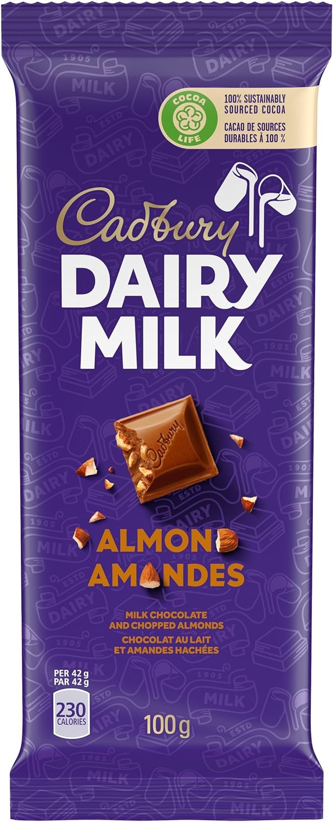 Cadbury Dairy Milk, Almond, Milk Chocolate and Chopped Almonds, Chocolate Bar, 100g