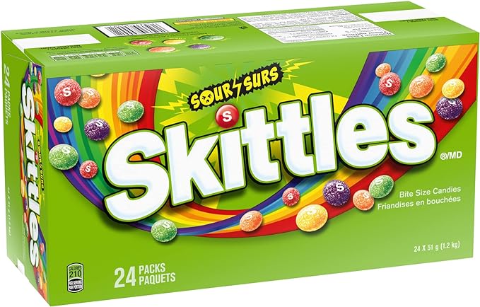 SKITTLES, Sour Chewy Candy, Full Size Bag, 51g per Pack, 24 Count