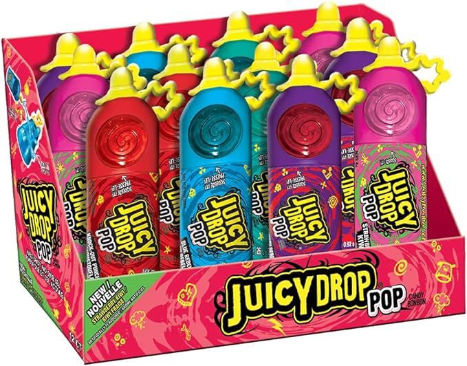 Juicy Drop Pop - 6 Different Fruit Flavours - Display of Individual Lollipops - Fun Candy for Birthdays and Parties, Pack of 12