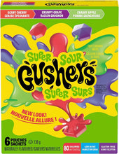 Load image into Gallery viewer, BETTY CROCKER GUSHERS Super Sour Cherry, Grape, and Apple Fruit Flavoured Snacks, Pack of 6 Pouches, Fruit Flavoured Snacks
