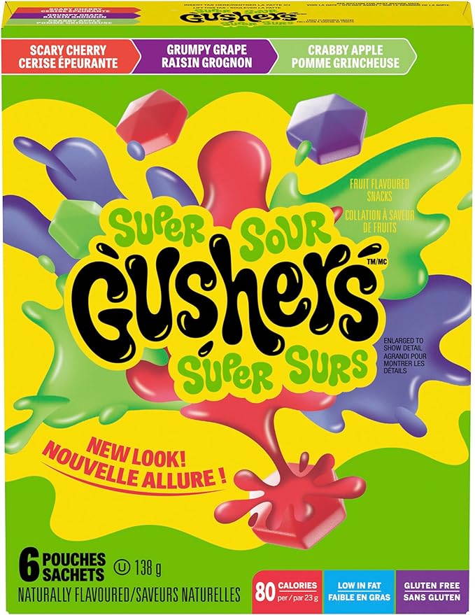BETTY CROCKER GUSHERS Super Sour Cherry, Grape, and Apple Fruit Flavoured Snacks, Pack of 6 Pouches, Fruit Flavoured Snacks