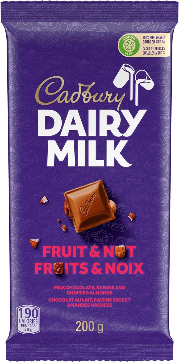 Cadbury Dairy Milk, Fruit and Nut, Milk Chocolate With Raisins and Chopped Almonds, Chocolate Bar, 200 g