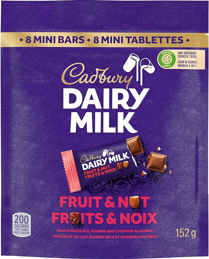 Cadbury Dairy Milk, Fruit and Nut, Milk Chocolate With Raisins and Chopped Almonds, Mini Chocolate Bars, Individually Wrapped, 152 g