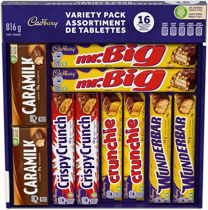 Cadbury 16 Full size Chocolatey Candy Bars ,Variety Pack, Wunderbar, Caramilk, Mr. Big, Crunchie, Crispy Crunch, Gift Pack, 816 g