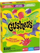 Load image into Gallery viewer, BETTY CROCKER GUSHERS Super Sour Cherry, Grape, and Apple Fruit Flavoured Snacks, Pack of 6 Pouches, Fruit Flavoured Snacks
