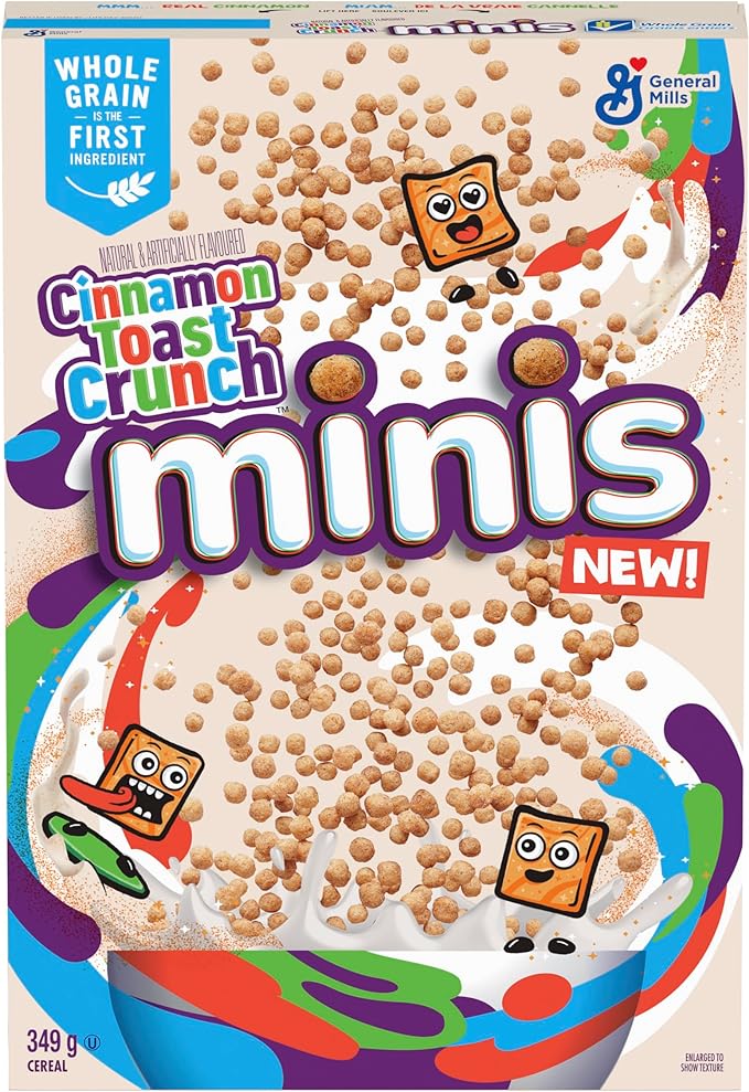 CINNAMON TOAST CRUNCH Minis Cereal Box, 349 Grams Package of Cereal, Cinnamon Flavour