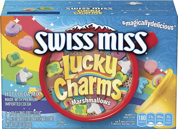 Swiss Miss Milk Chocolate Flavor Hot Cocoa Mix with Lucky Charms Marshmallows, 1.38 Oz. 6 Packets, 9.18 Oz