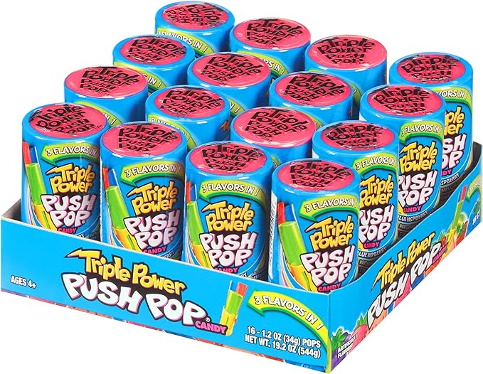 Triple Power Push Pop - 2 Different Fruit Flavours - 3 Pops in 1 - Display of Individual Lollipops - Fun Candy for Birthdays and Parties, Pack 16