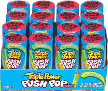 Load image into Gallery viewer, Triple Power Push Pop - 2 Different Fruit Flavours - 3 Pops in 1 - Display of Individual Lollipops - Fun Candy for Birthdays and Parties, Pack 16
